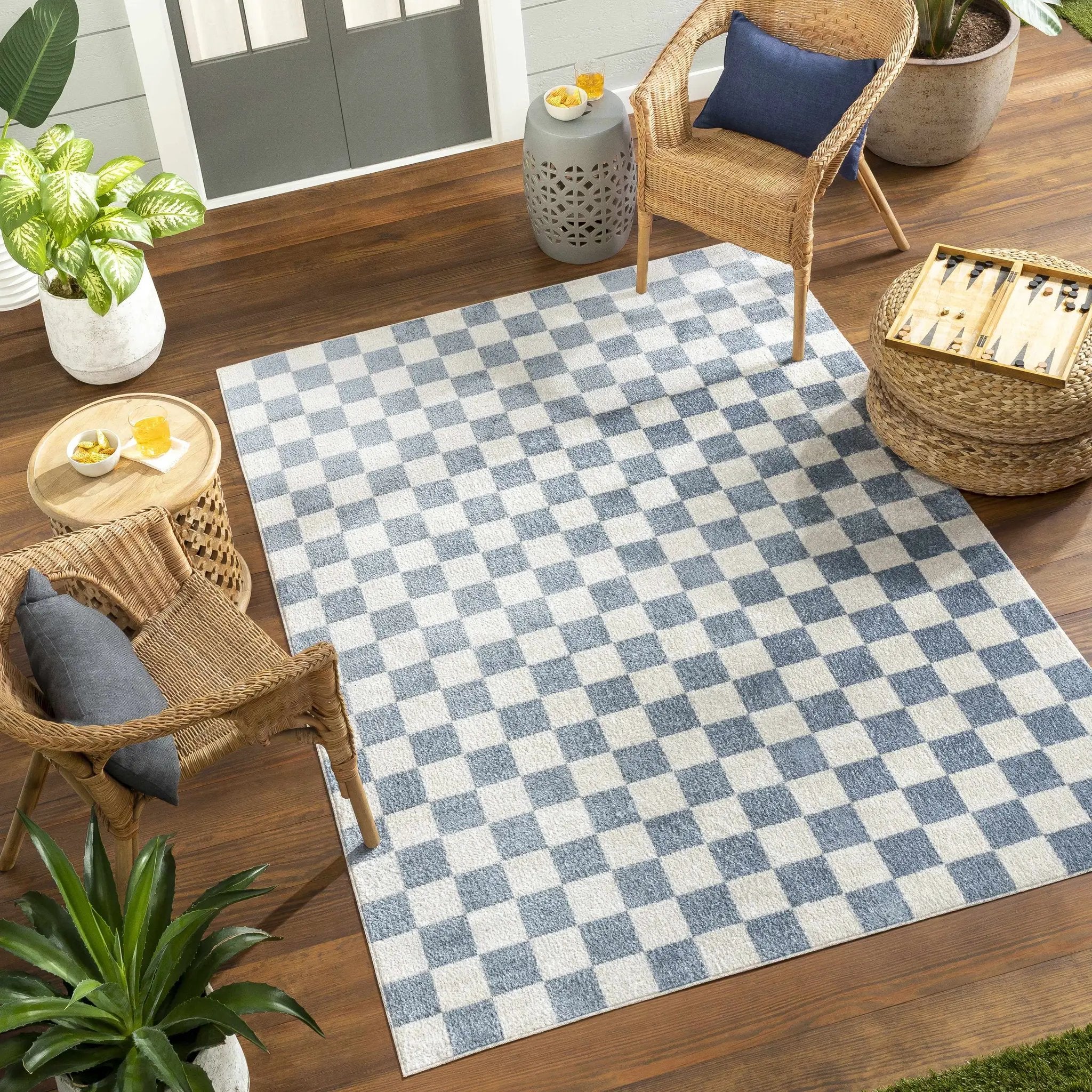 Brone Blue Checkered Washable Rug by Boutique Rugs