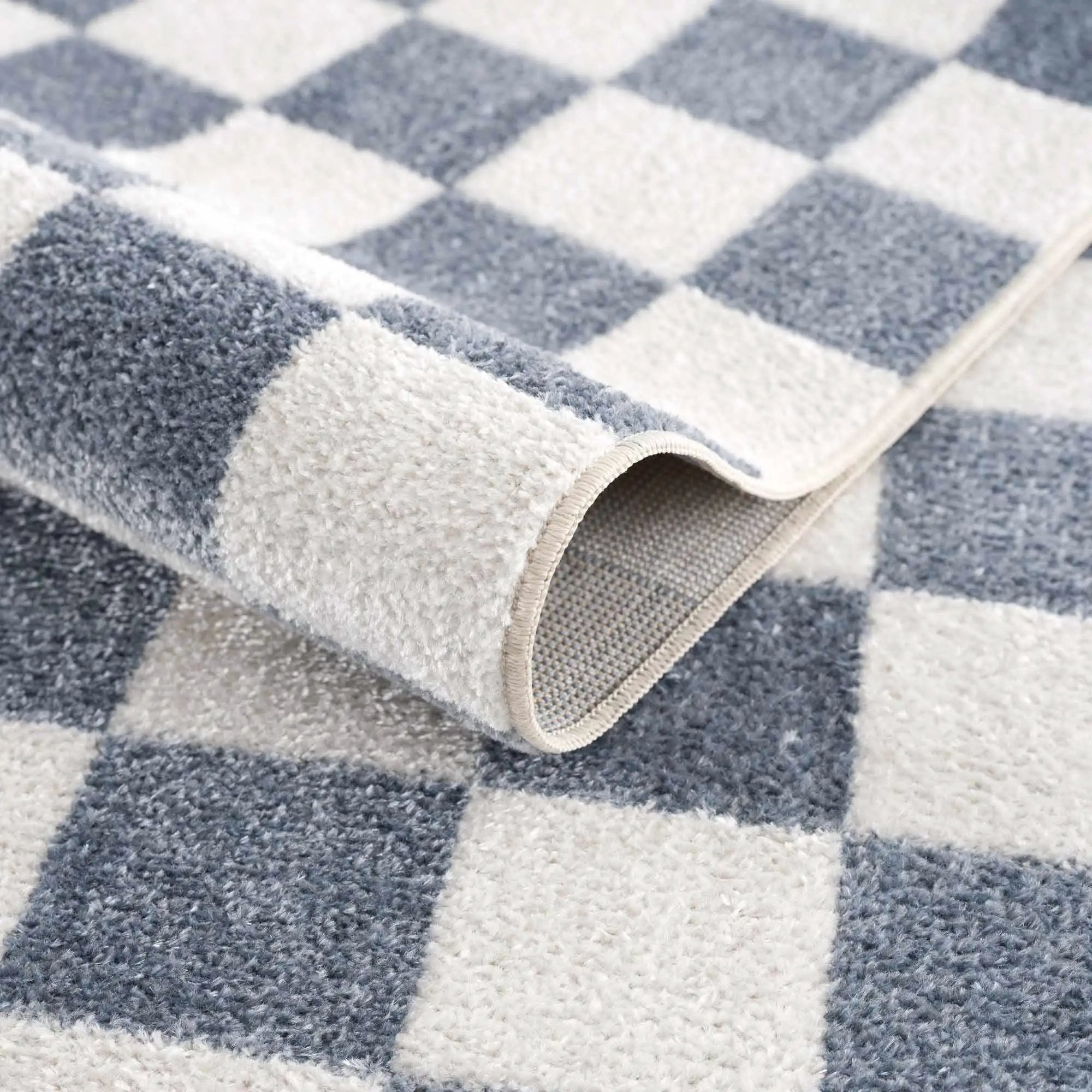 Brone Blue Checkered Washable Rug by Boutique Rugs