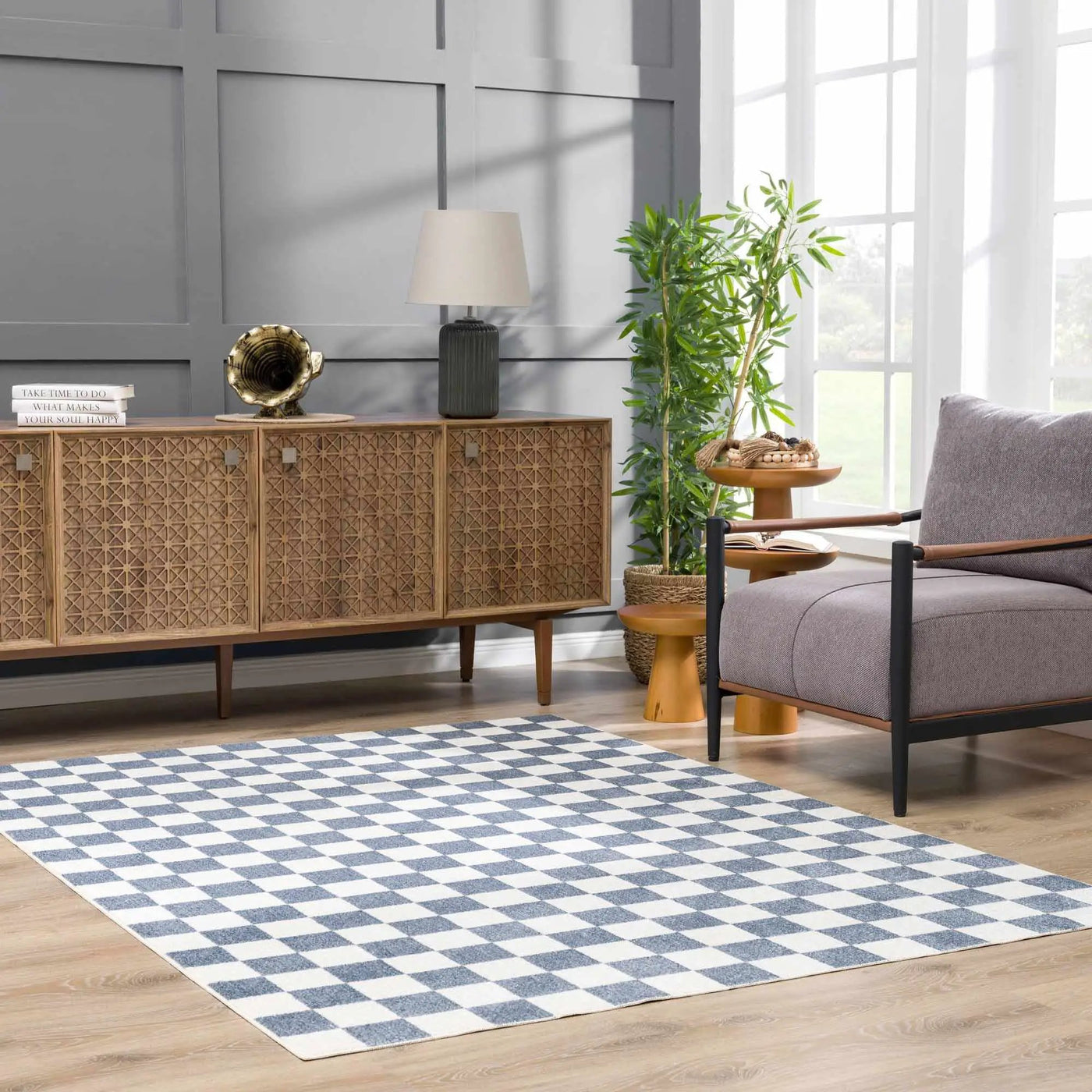 Brone Blue Checkered Washable Rug by Boutique Rugs