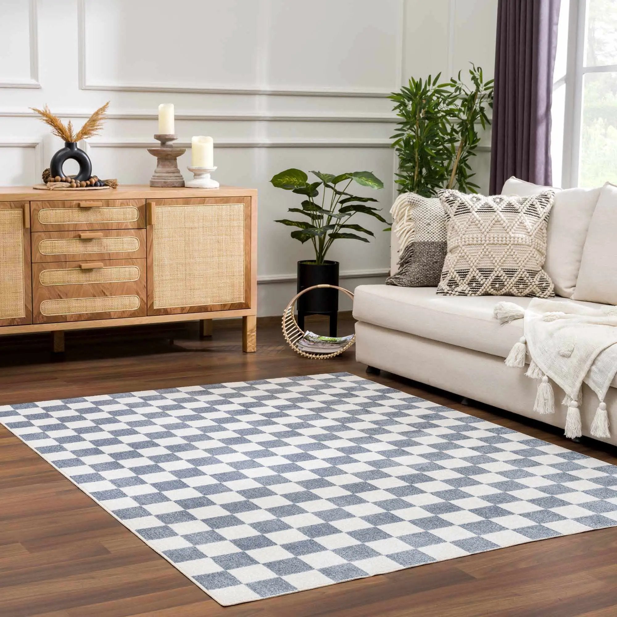 Brone Blue Checkered Washable Rug by Boutique Rugs