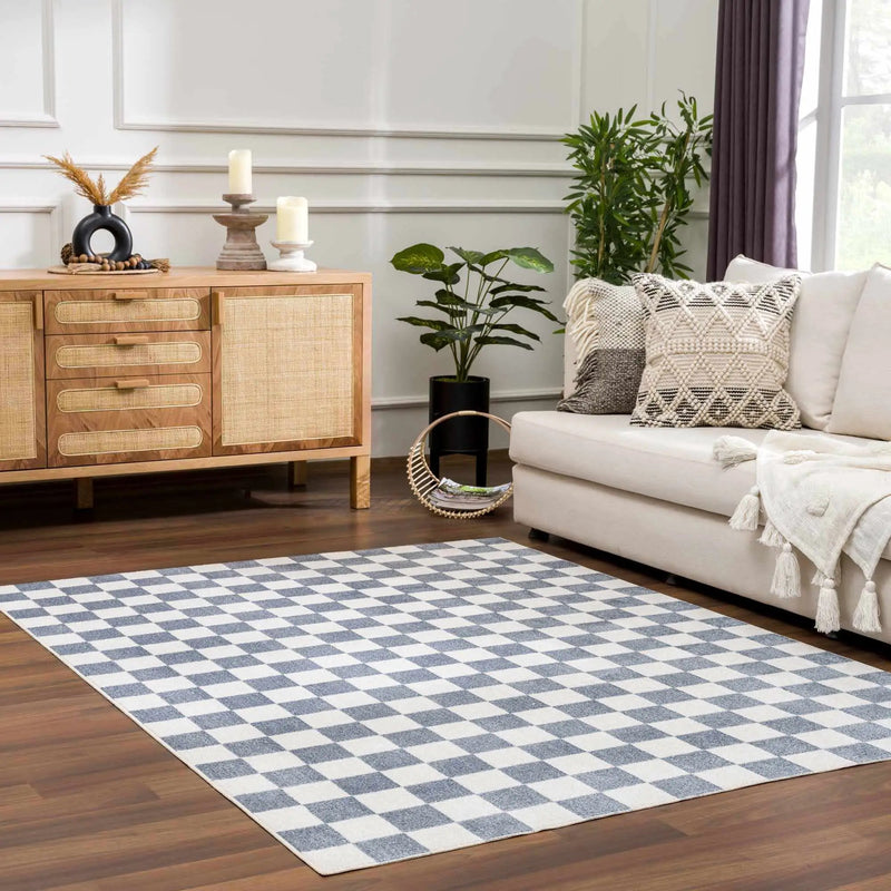 Brone Blue Checkered Washable Rug by Boutique Rugs