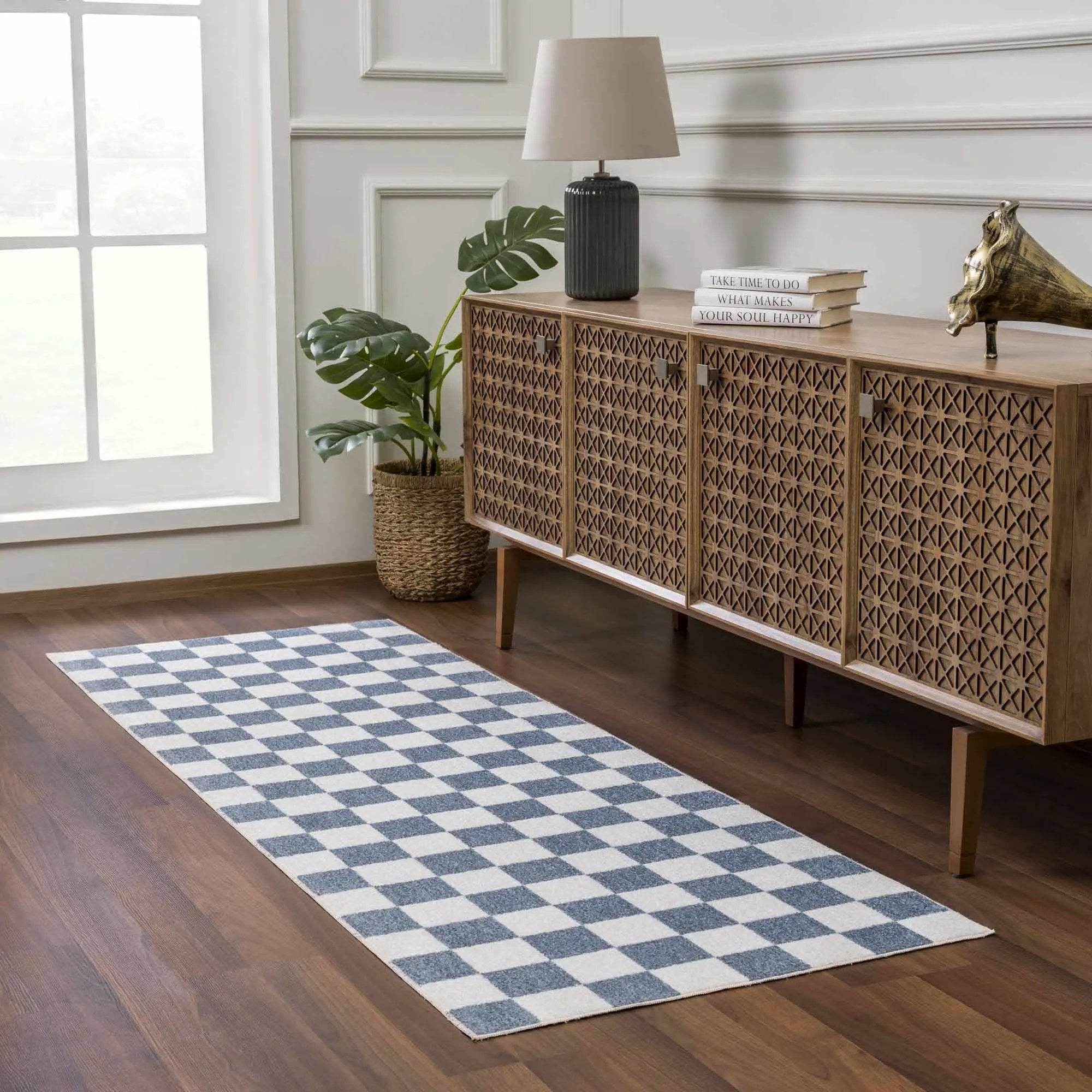Brone Blue Checkered Washable Rug by Boutique Rugs