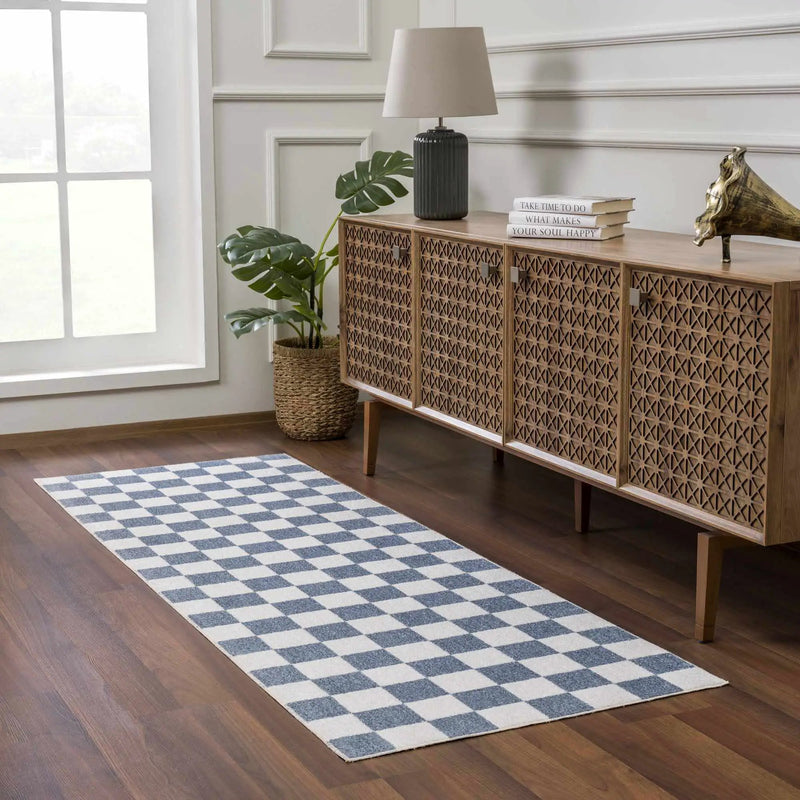 Brone Blue Checkered Washable Rug by Boutique Rugs