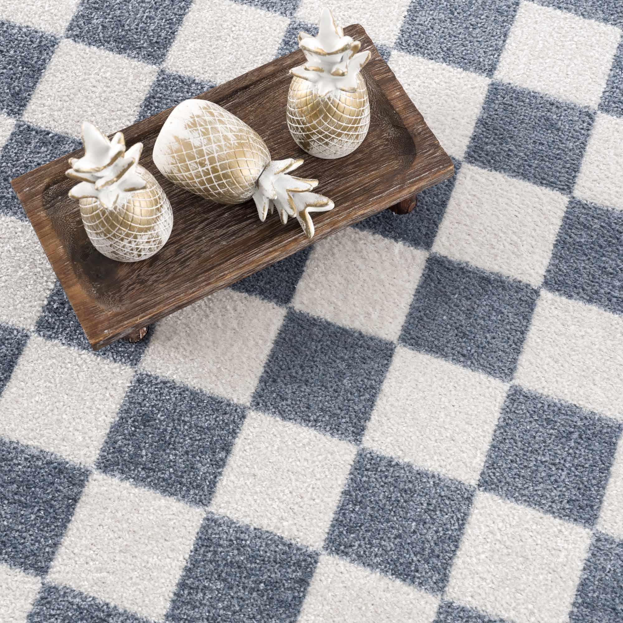 Brone Blue Checkered Washable Rug by Boutique Rugs