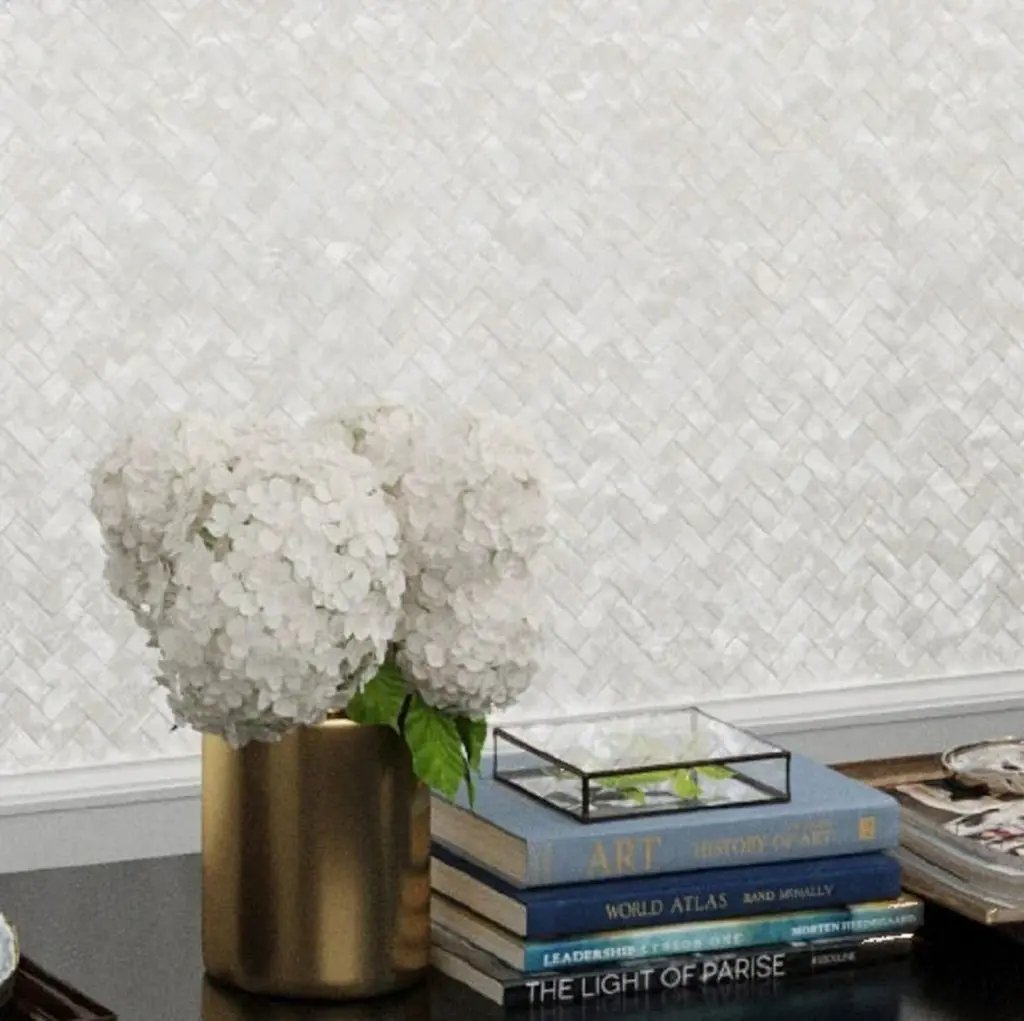 Powder White 10x11 Polished Herringbone Shell Mother of Pearl Mosaic Tile (20 pack, 16.49 sq ft/case) by Apollo Tile
