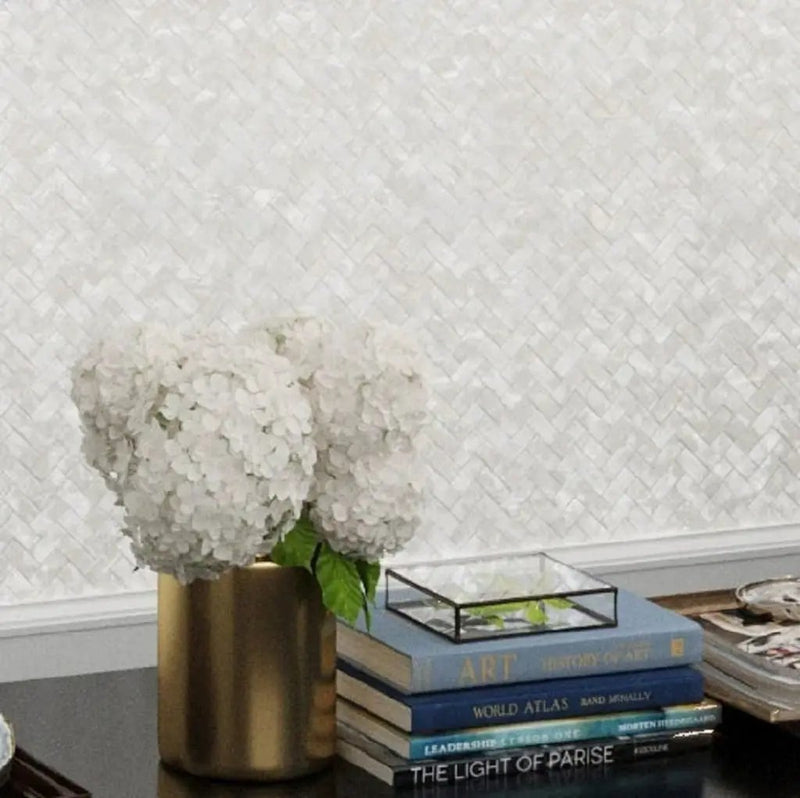 Powder White 10x11 Polished Herringbone Shell Mother of Pearl Mosaic Tile (20 pack, 16.49 sq ft/case) by Apollo Tile