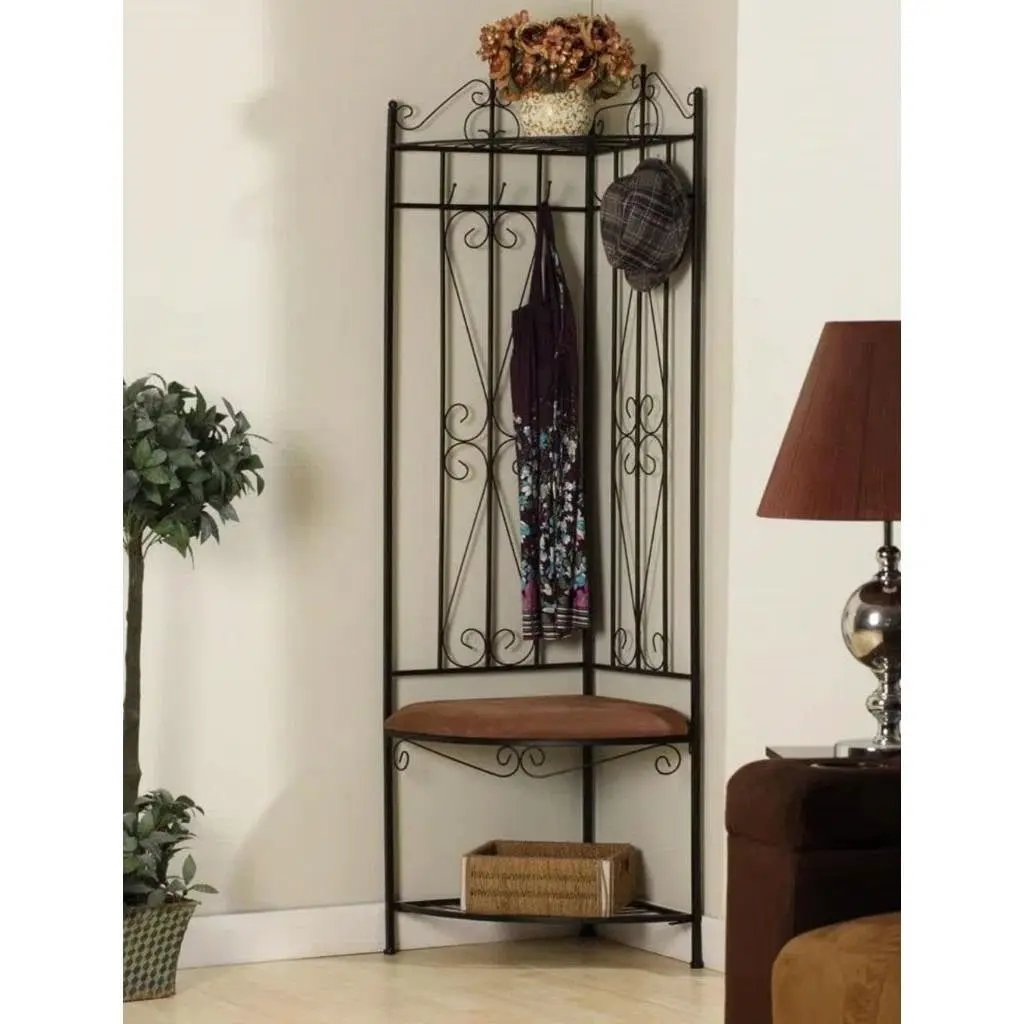 Black Metal Scrolling Corner Hall Tree Coat Rack Storage Bench by HomePacific