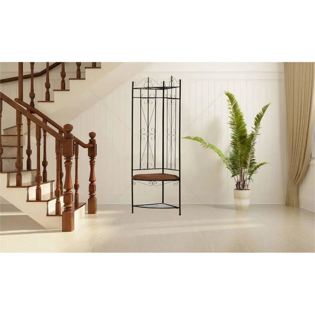 Black Metal Scrolling Corner Hall Tree Coat Rack Storage Bench by HomePacific