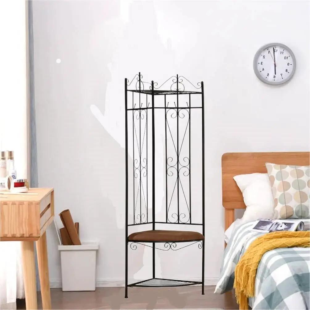 Black Metal Scrolling Corner Hall Tree Coat Rack Storage Bench by HomePacific