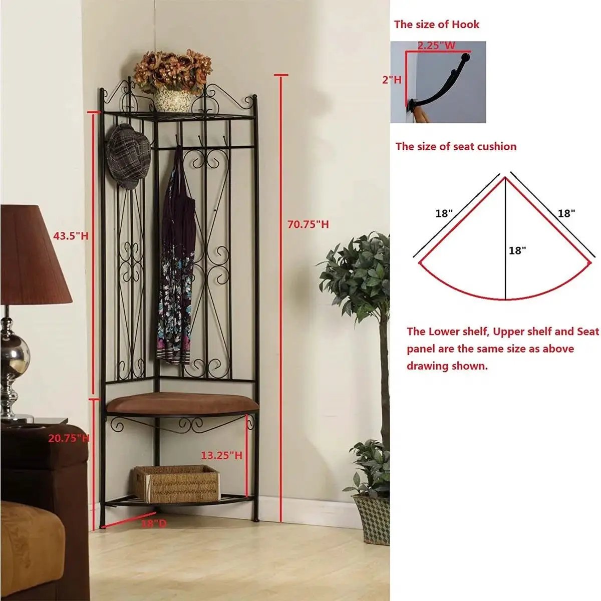 Black Metal Scrolling Corner Hall Tree Coat Rack Storage Bench by HomePacific