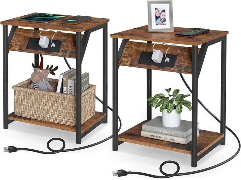 Set of 2 - Nightstand End Tables Charging Station with 2 USB ports by HomePacific