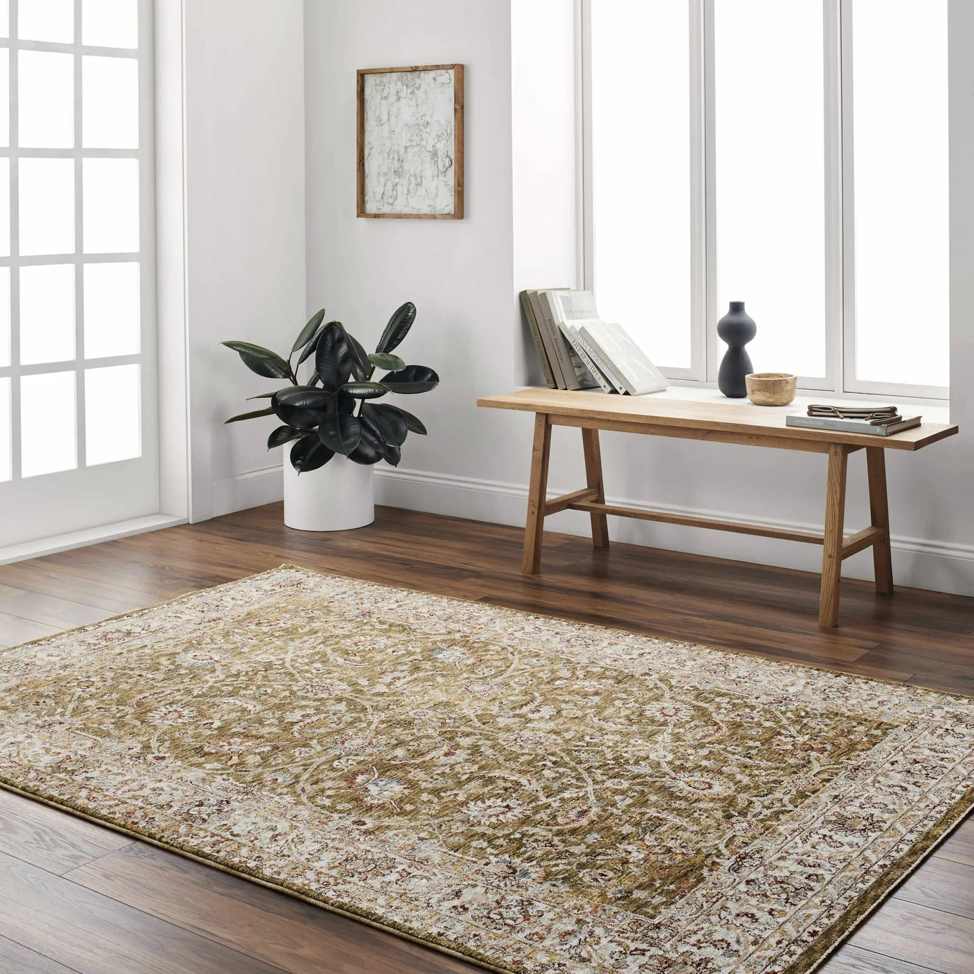 Dyan Green Textured Rug with Fringes by Boutique Rugs