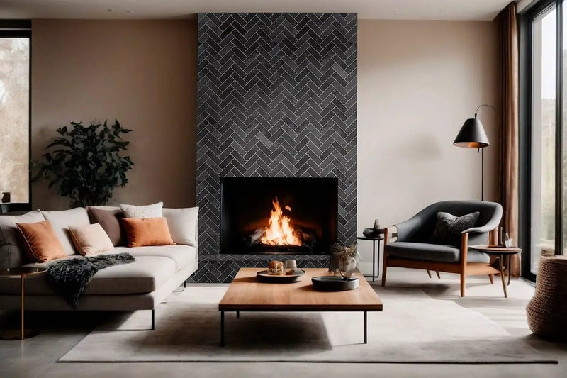 Montauk Black Gauged Slate Tiles in a finished room