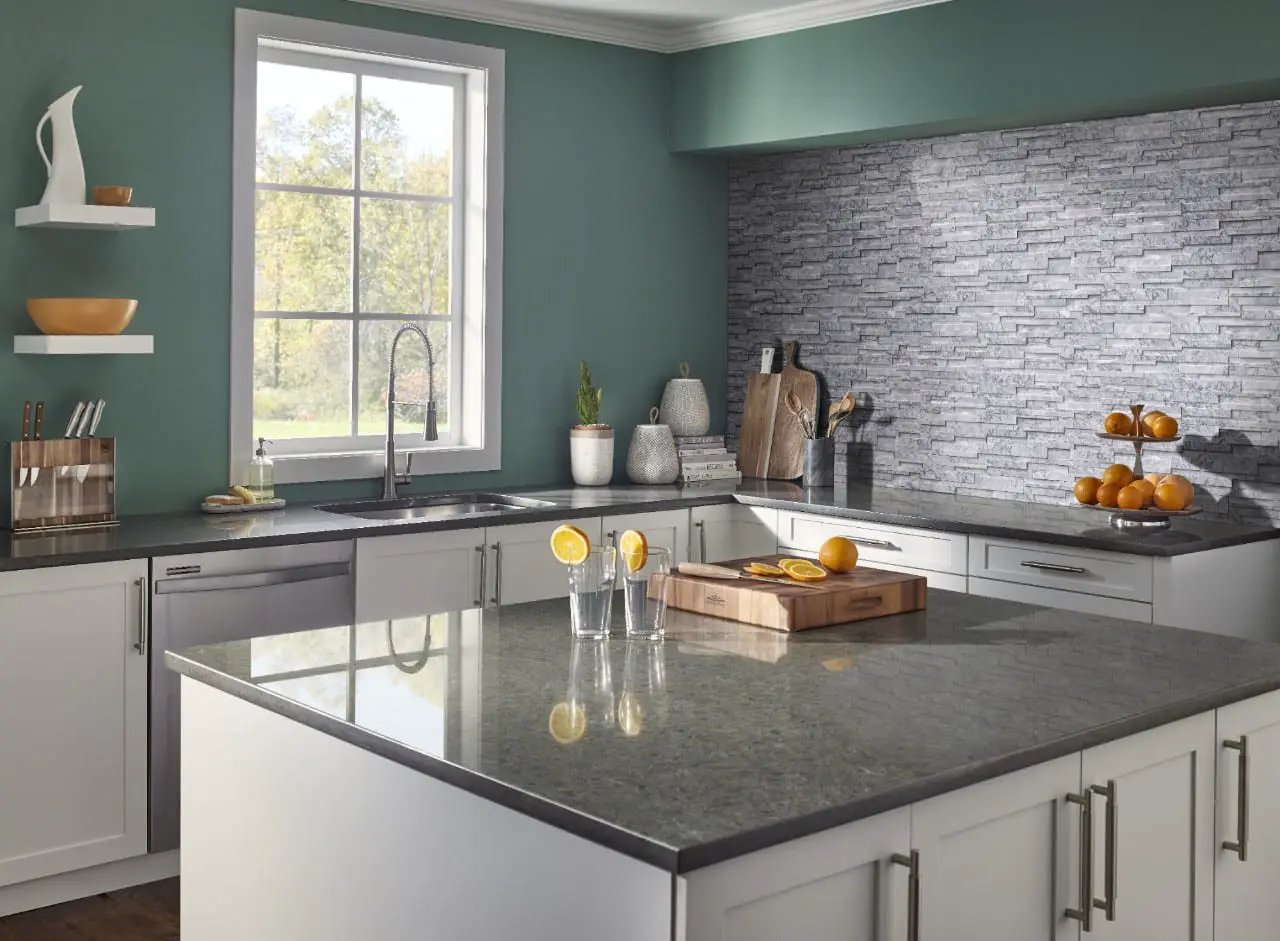 Alaskan Gray Splitface Interlocking Pattern Split Face Marble Mosaics in a finished room