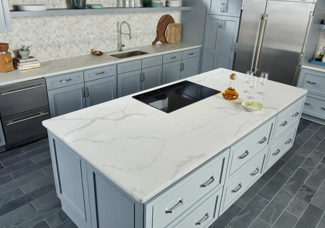 Alaskan Gray Splitface Interlocking Pattern Split Face Marble Mosaics in a finished room