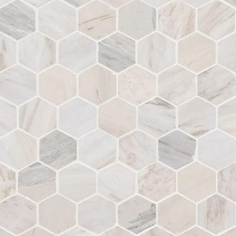 Angora Polished 2" Hexagon Mosaic Tile Marble close up