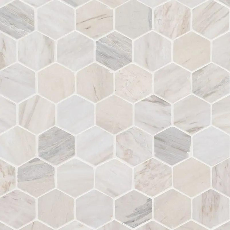 Angora Polished 2" Hexagon Mosaic Tile Marble close up
