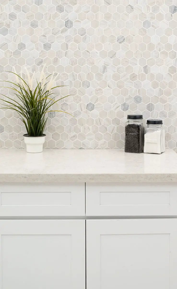 Angora Polished 2" Hexagon Mosaic Tile Marble in a finished room