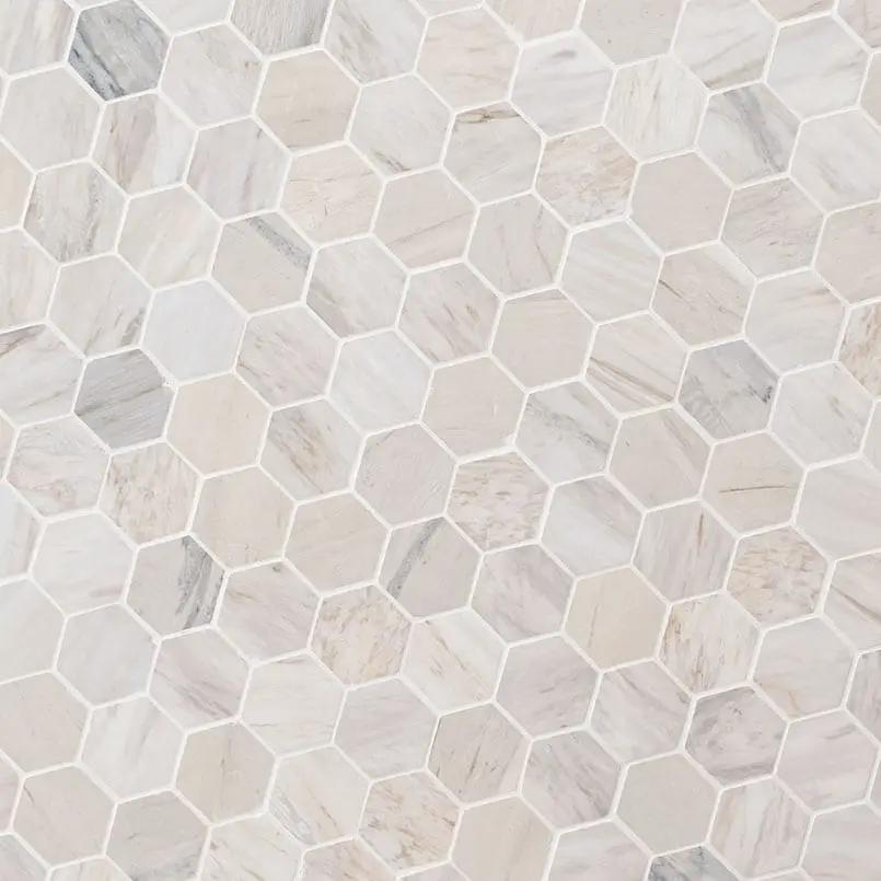 Angora Polished 2" Hexagon Mosaic Tile Marble angled view