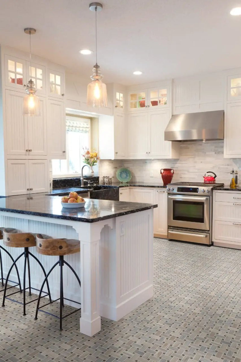 Angora Basketweave Polished Pattern Marble Mosaics in a finished room