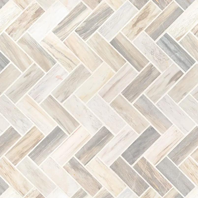 Angora Herringbone Polished Pattern Marble Mosaics close up