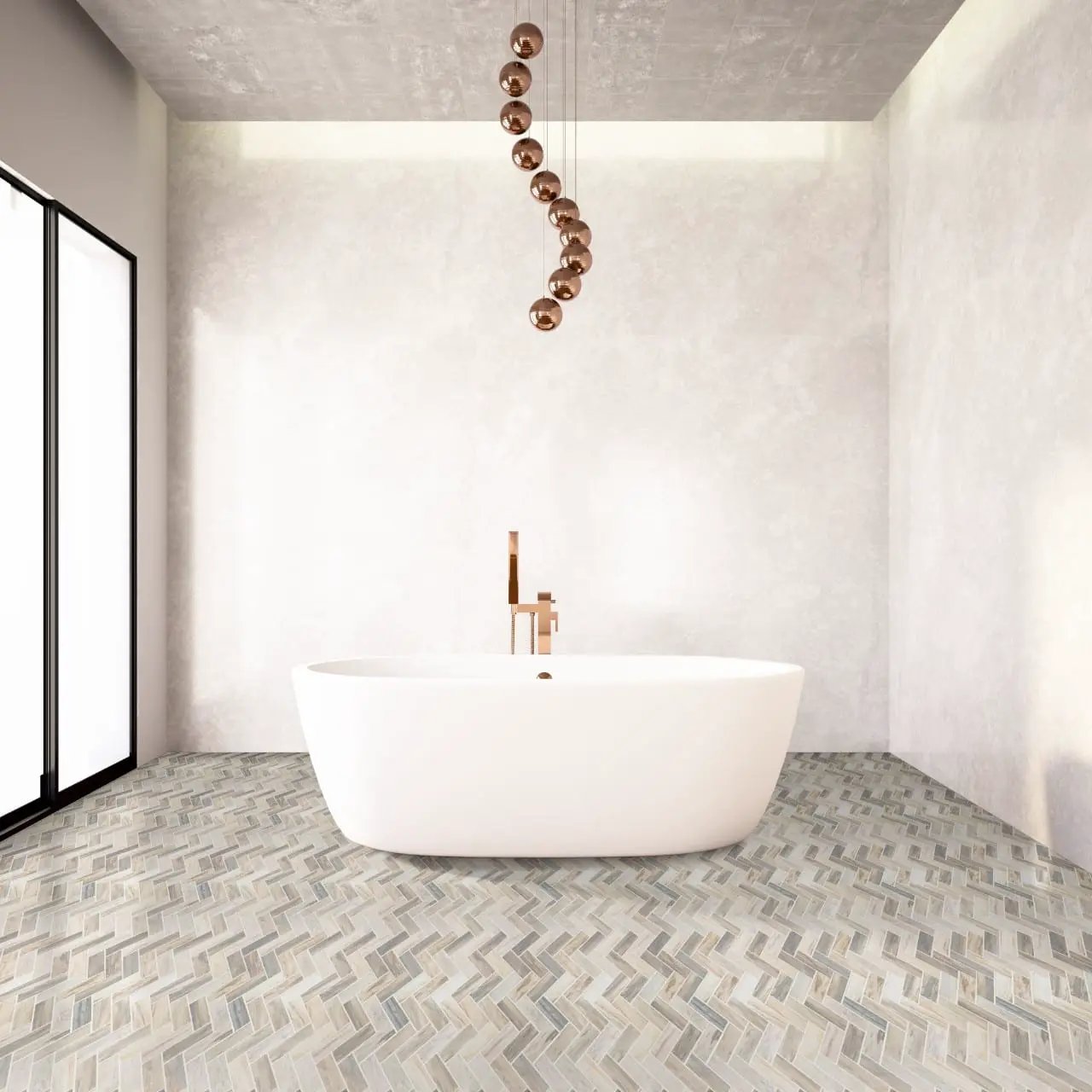 Angora Herringbone Polished Pattern Marble Mosaics in a finished room