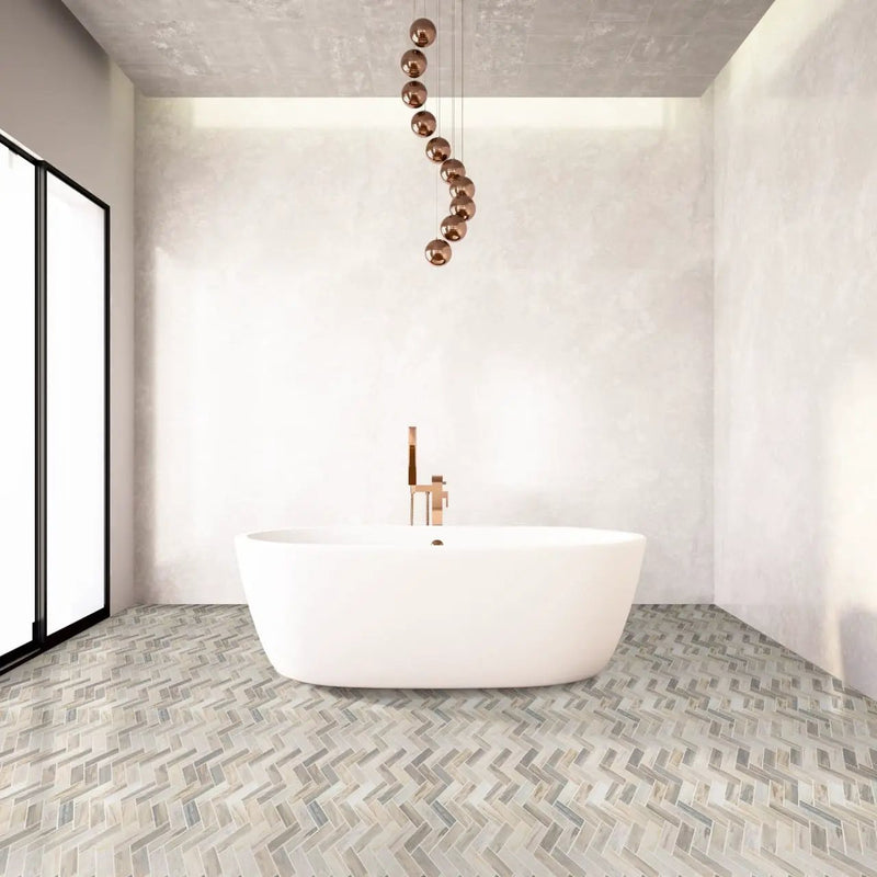 Angora Herringbone Polished Pattern Marble Mosaics in a finished room
