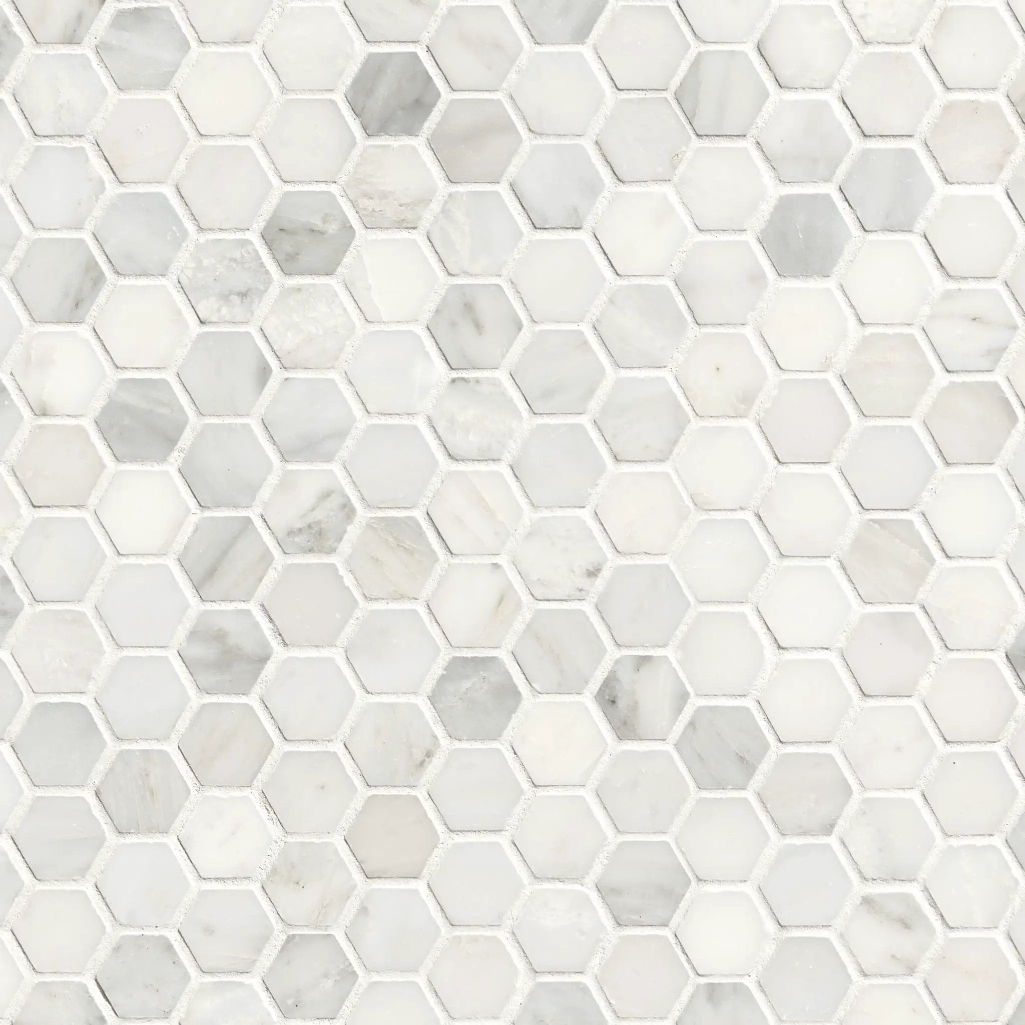 Arabescato Carrara Honed Hexagon Marble Mosaics close up