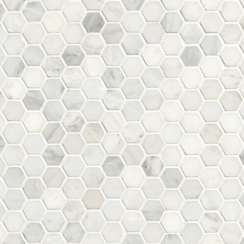 Arabescato Carrara Honed Hexagon Marble Mosaics close up