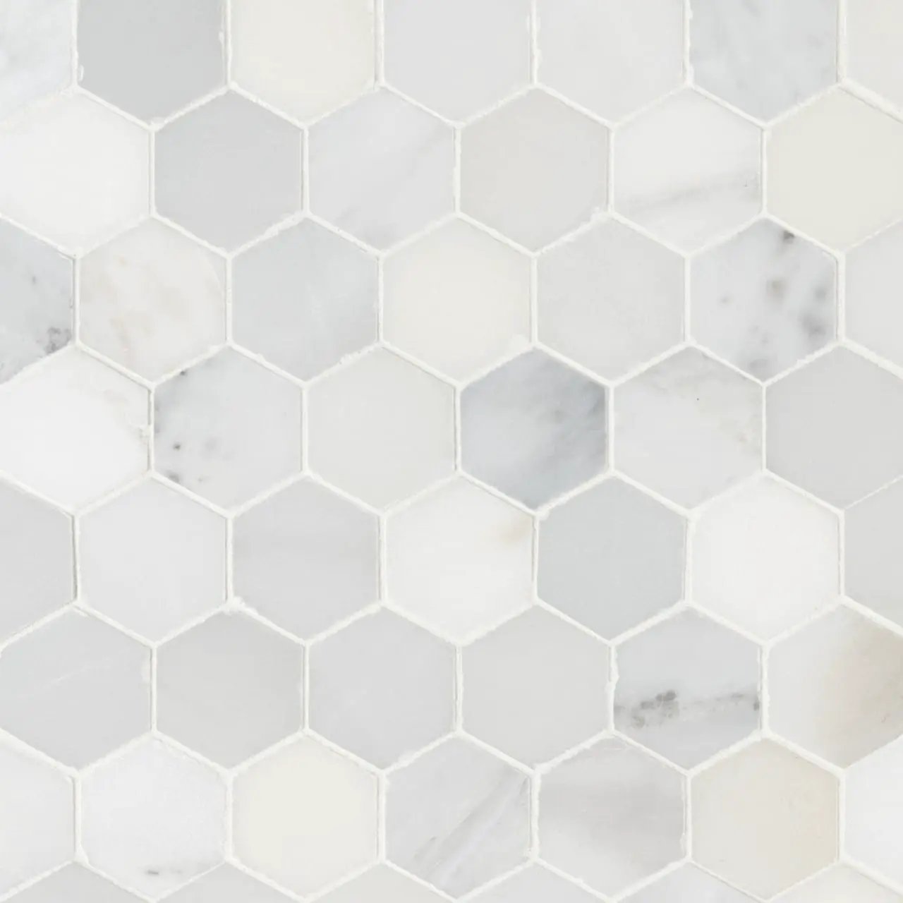Arabescato Carrara 2" Hexagon Mosaic Tile Honed Marble close up