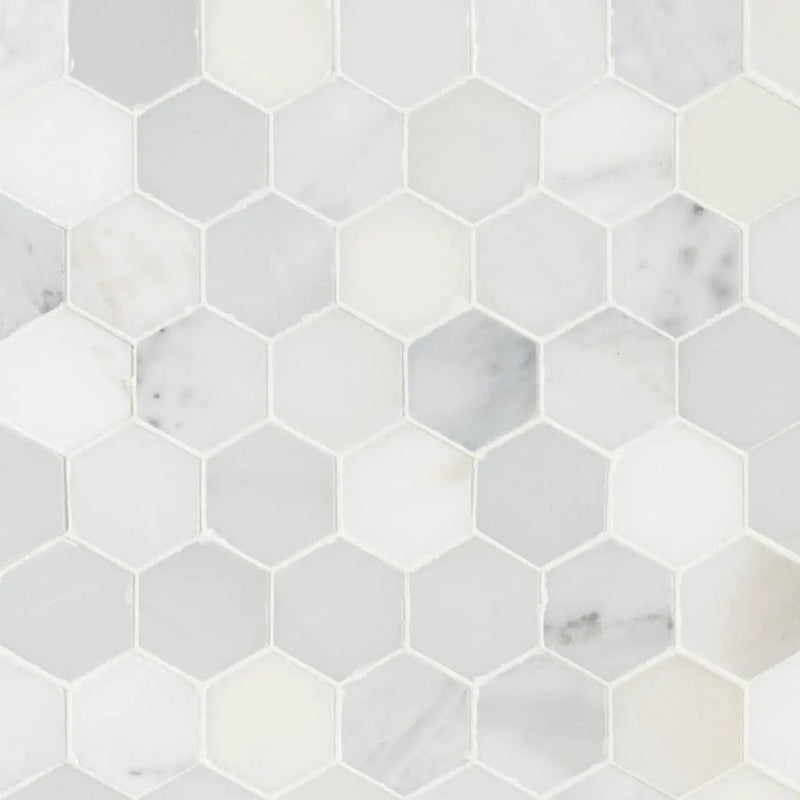 Arabescato Carrara 2" Hexagon Mosaic Tile Honed Marble close up