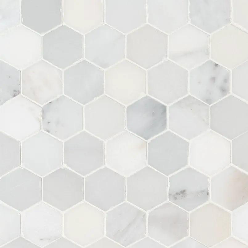 Arabescato Carrara 2" Hexagon Mosaic Tile Honed Marble close up