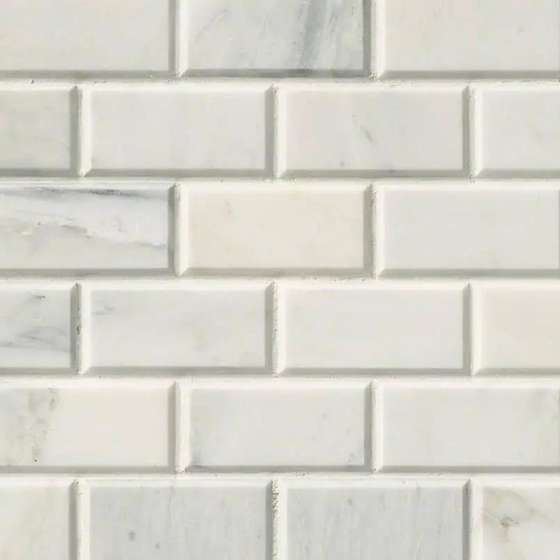 Arabescato Carrara Beveled Marble Mosaics 2x4 close up