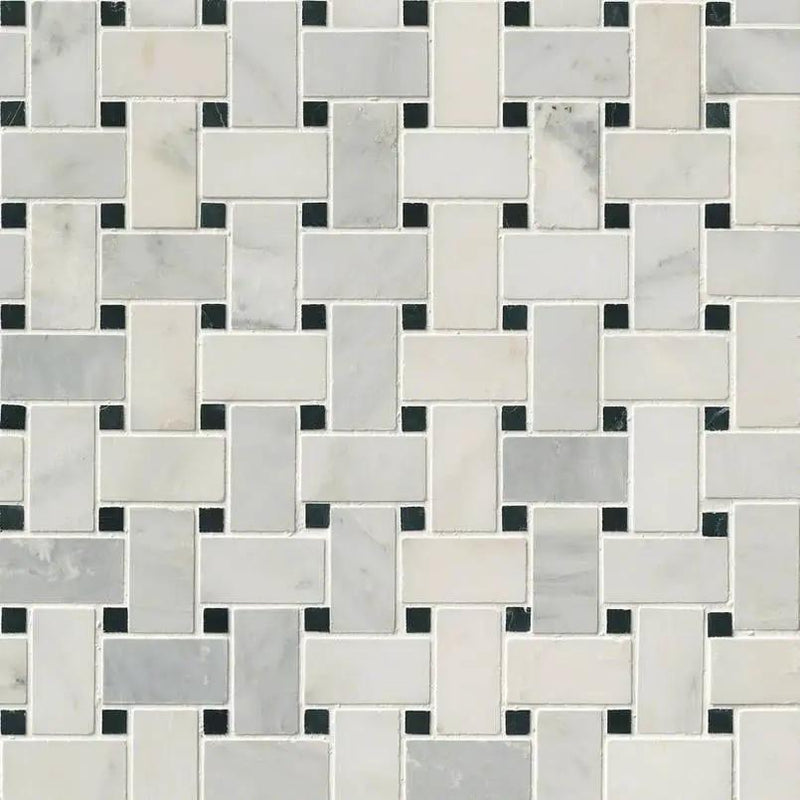 Arabescato Carrara Honed Basketweave Pattern Marble Mosaics close up