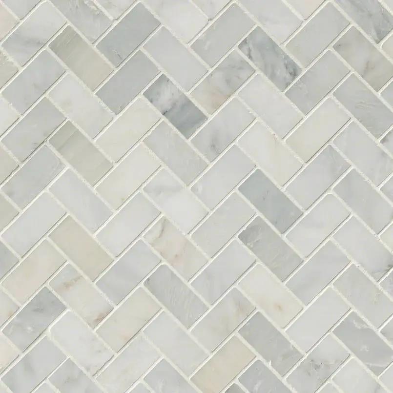 Arabescato Carrara Honed Herringbone Pattern Marble Mosaics close up