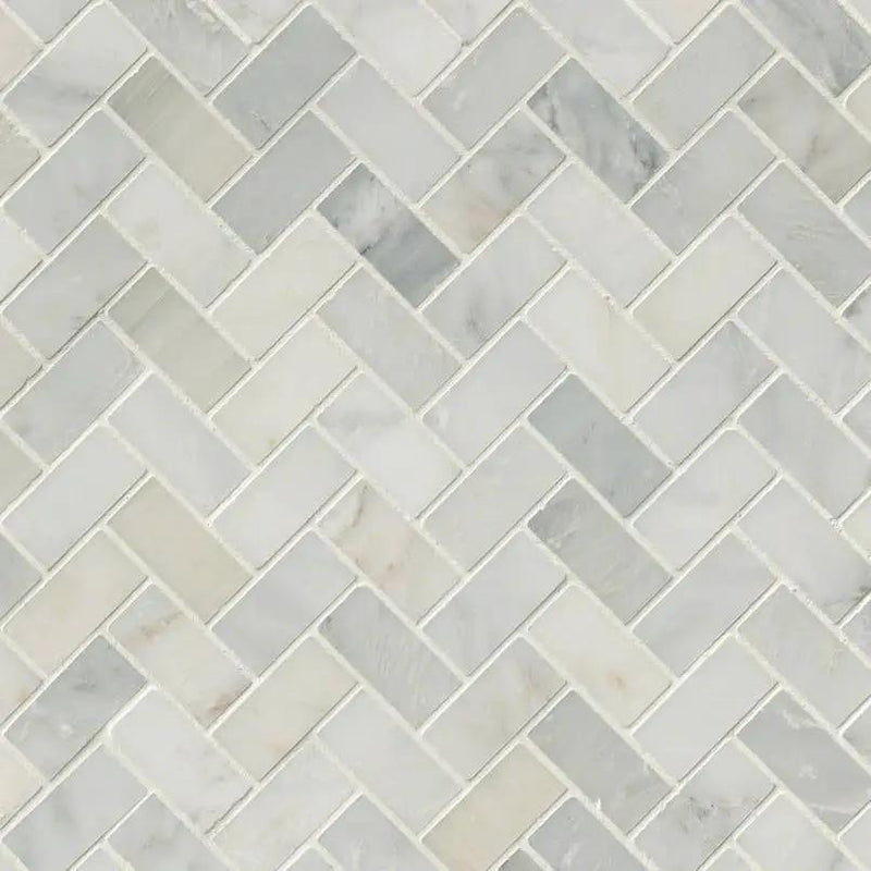 Arabescato Carrara Honed Herringbone Pattern Marble Mosaics close up