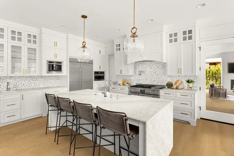 Arabescato Venato 1x2 Herringbone Honed Marble Mosaics in a finished room