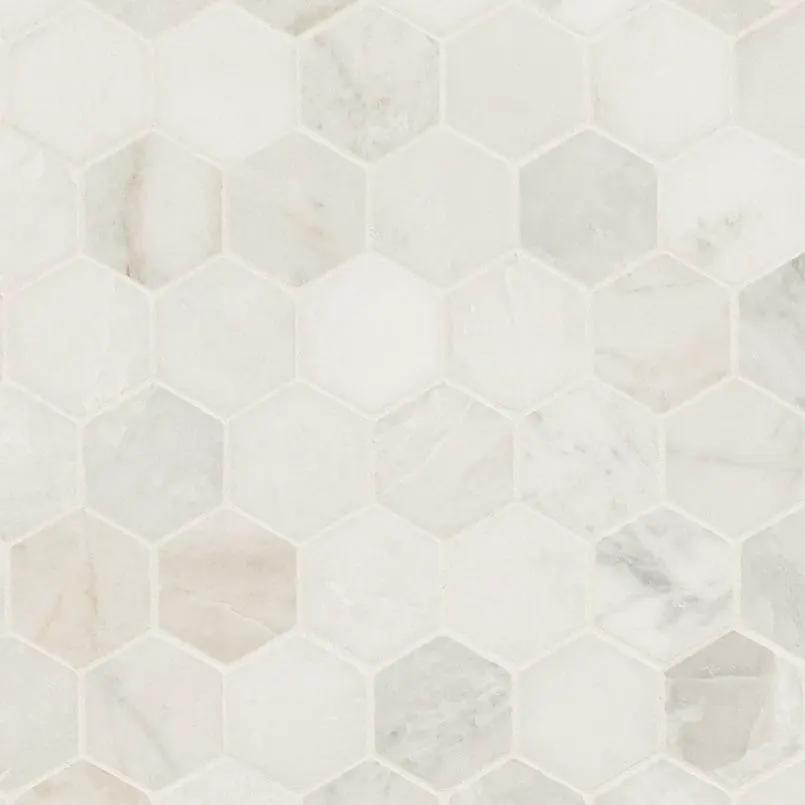 Arabescato Venato 2" Hexagon Honed Marble Mosaics close up