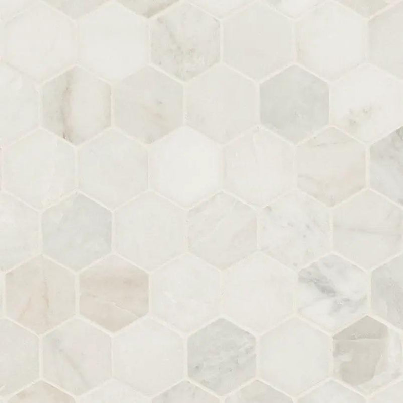 Arabescato Venato 2" Hexagon Honed Marble Mosaics close up