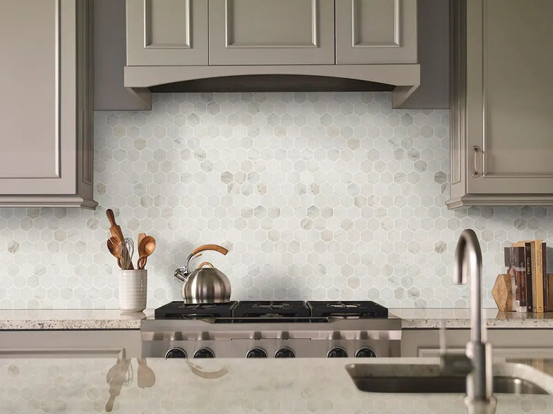 Arabescato Venato 2" Hexagon Honed Marble Mosaics in a finished room