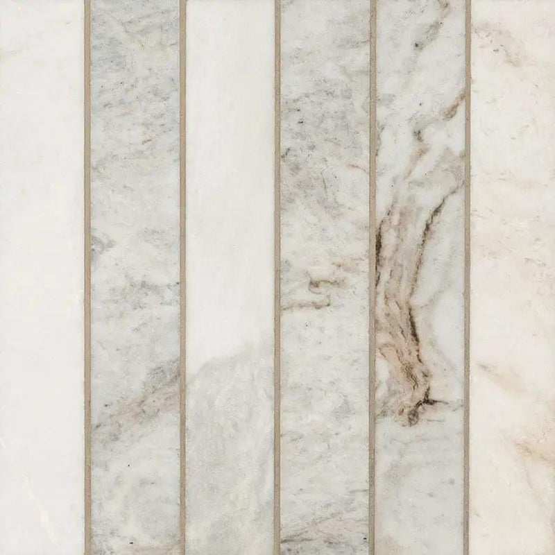 Arabescato Venato 2x12 Stack Hon Honed Marble Mosaics close up