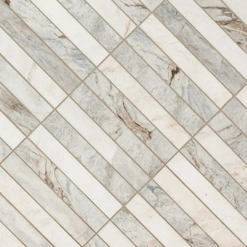 Arabescato Venato 2x12 Stack Hon Honed Marble Mosaics angled view