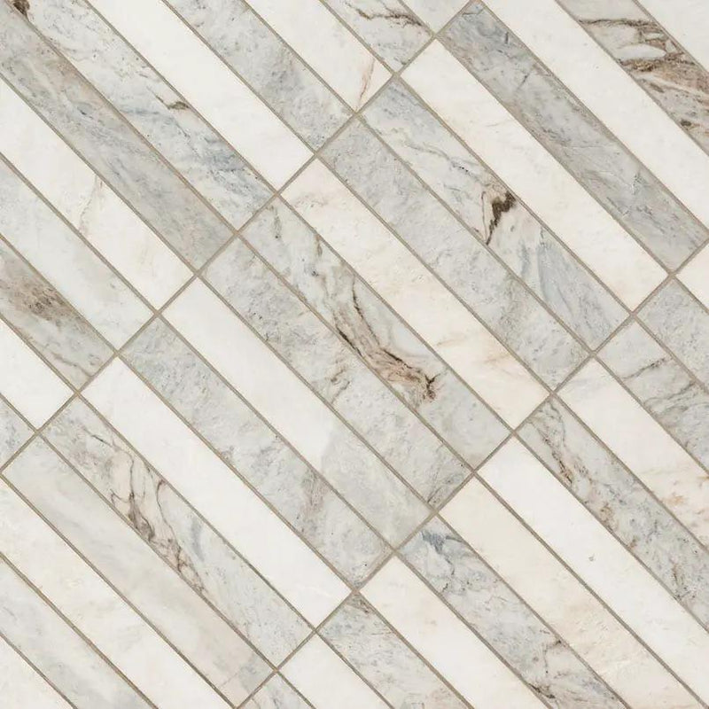 Arabescato Venato 2x12 Stack Hon Honed Marble Mosaics angled view