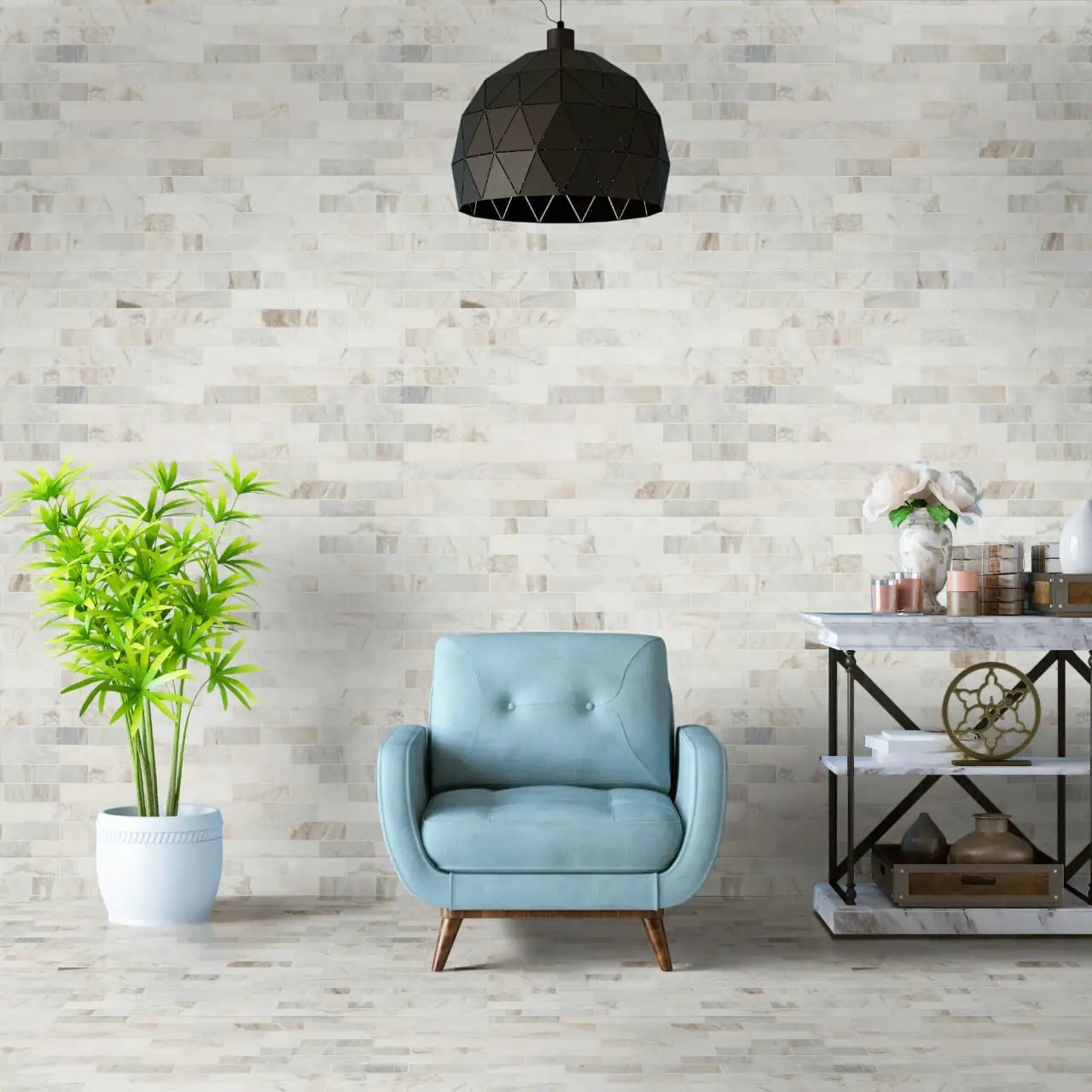 Arabescato Venato Tile 2x6 Honed Marble Mosaics in a finished room