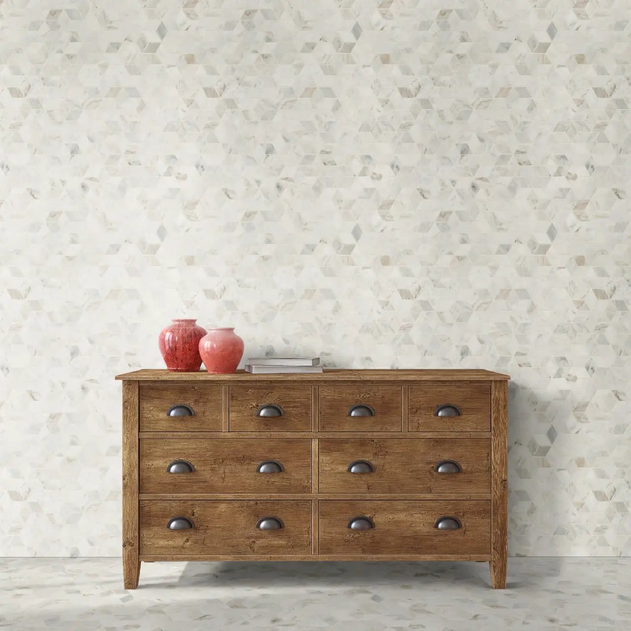 Arabescato Venato Cube Honed Pattern Marble Mosaics in a finished room