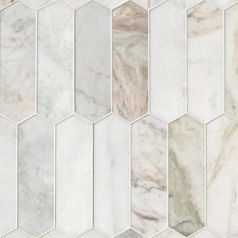 Arabescato Venato Picket Honed Pattern Marble Mosaics close up