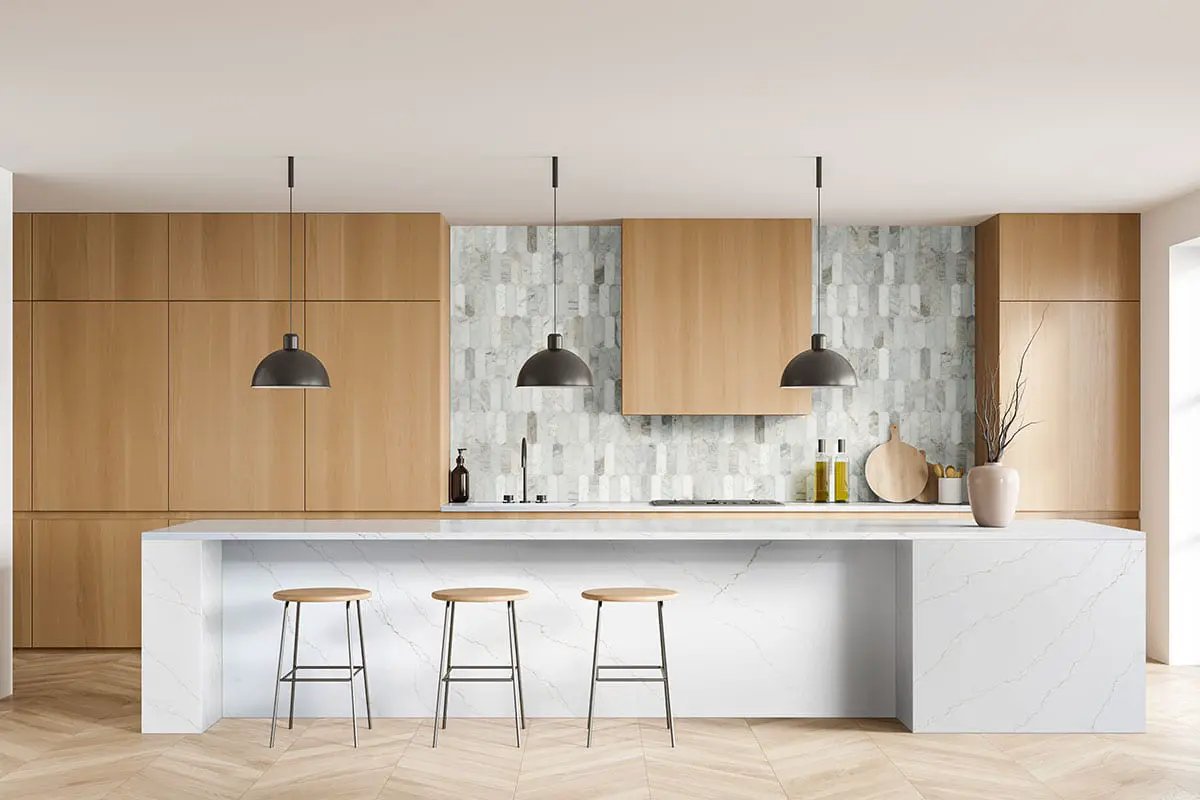 Arabescato Venato Picket Honed Pattern Marble Mosaics in a finished room