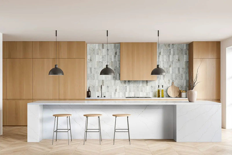 Arabescato Venato Picket Honed Pattern Marble Mosaics in a finished room