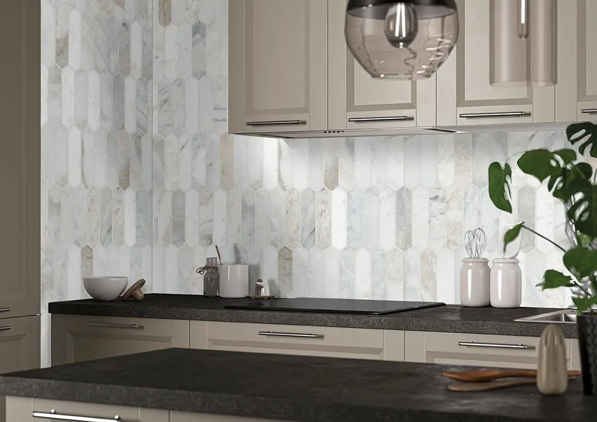 Arabescato Venato Picket Honed Pattern Marble Mosaics in a finished room