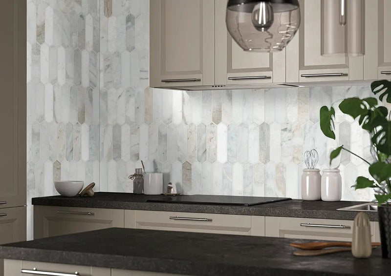 Arabescato Venato Picket Honed Pattern Marble Mosaics in a finished room